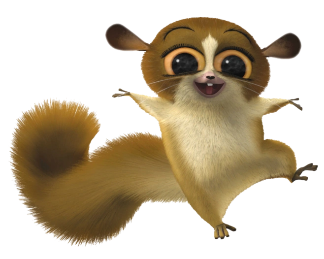 A wide-eyed cartoon character flying in with excited birthday energy.